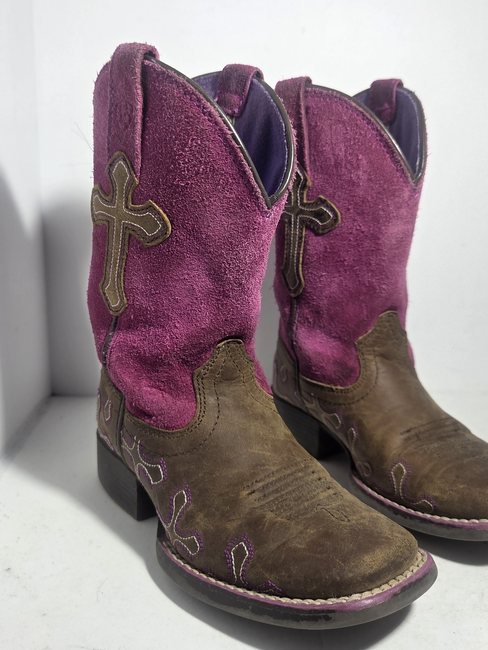 Ariat Girls' Purple Suede Brown Leather Cross Western Cowboy Boots - Size 9.5